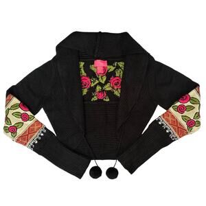 Betsey Johnson Embroidered Roses Cropped Shrug Sweater Black Pom Pom One Size